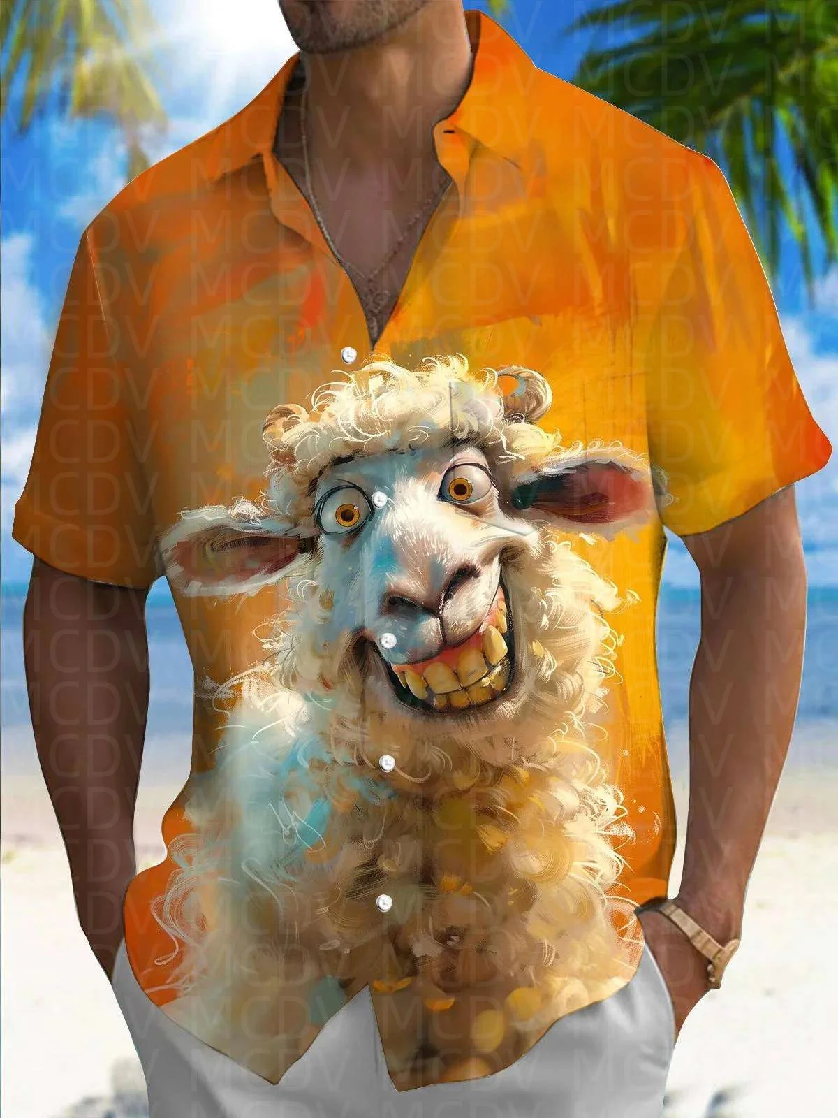 Sheep Pattern Style Men's Hawaiian Shirt Stretch Easy Care Camp Shirt Big Tall