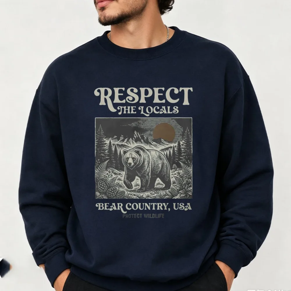 Respect The Locals Bear Country USA Wildlife Graphic Crewneck Sweatshirt Unisex Pullover Casual Tops Vintage Nature Outdoor Gift