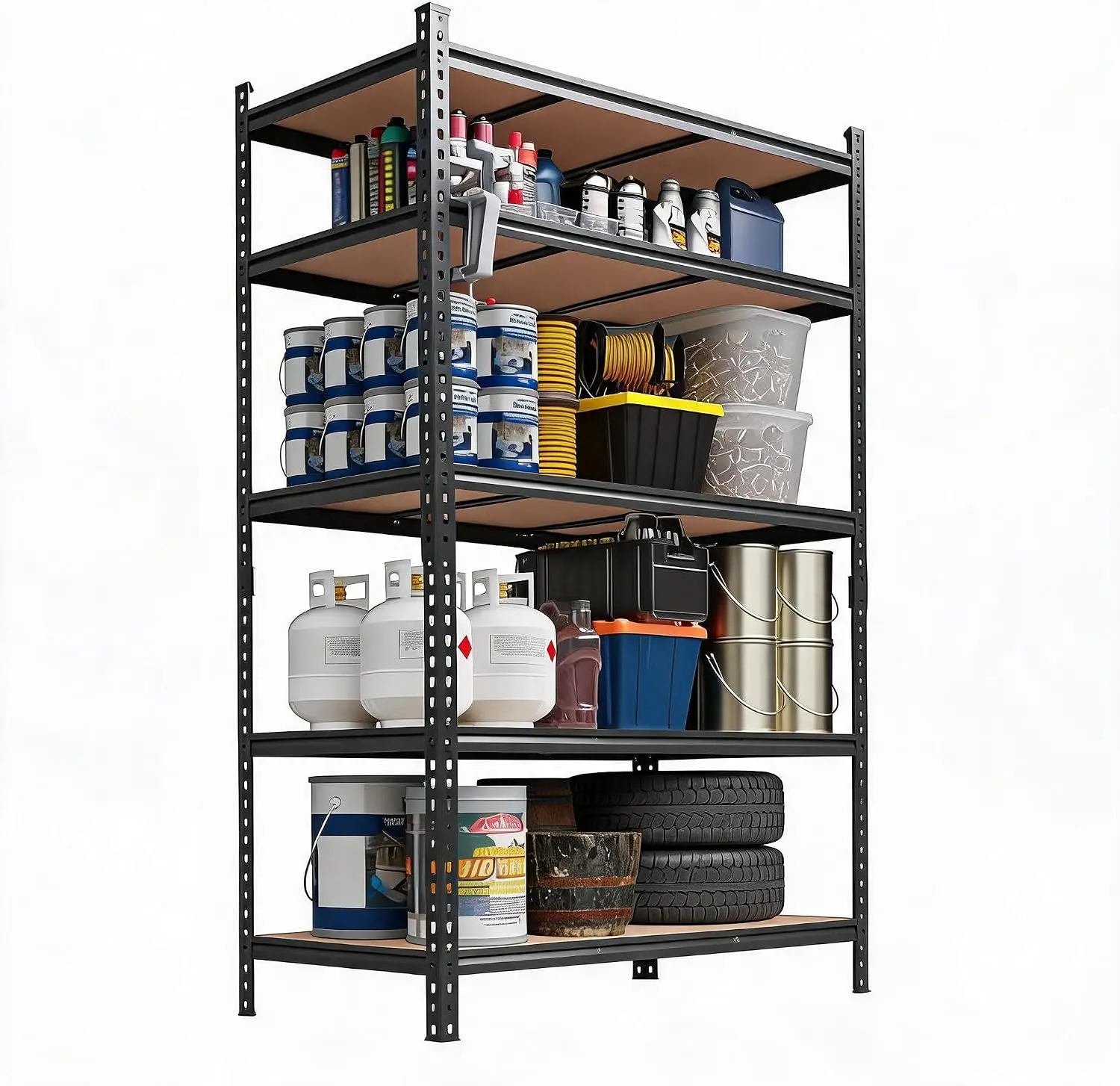 5-Tier Heavy Duty Garage Shelving 2020 LBS Metal Storage Shelves Alloy Steel MDF Board Adjustable Boltless Structure Floor-Safe Foot Pads Great For Basement, Pantry, Workshop