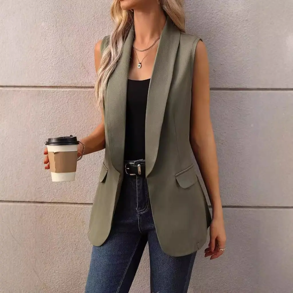 

Женский элегантный жилет без рукавов с лацканами, однотонный модный костюм в европейском и американском стиле, жилет, топ