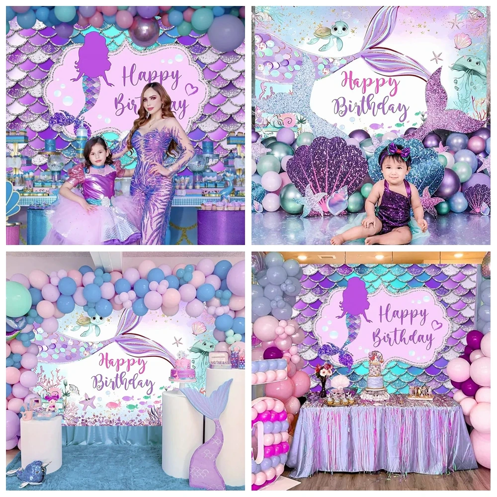 Little Mermaid Theme Girl Birthday Party Backdrop Photography Baby Shower Decor Background Photocall Backdrops Decor Banner