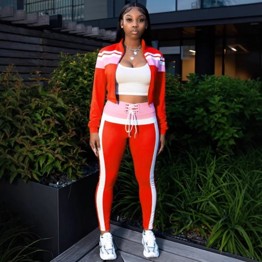 

Two Pieces Women Pant Sets Casual Matching Sets Spliced Color Blocking Zipper Sleeve Top Drawstring Pant Street Wear 2025 Summer