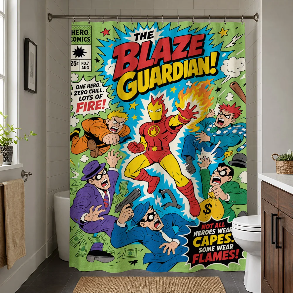 Fun Comic Book Superhero Shower Curtain Waterproof Bathroom Decor Pop Art Graphic Novelty Sheet for Kids Teenagers Adults Modern