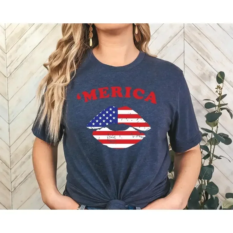 Merica Lips T Shirt American Flag Patriotic 4th Of July Women Independence Day Memorial