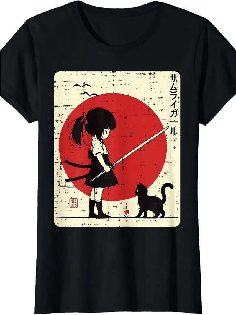 Japanese Samurai Girl Black Cat Kawaii Anime T-Shirt~Separate In New Tab Cool Japanese Culture Inspired Graphic Tee For Anime Fa