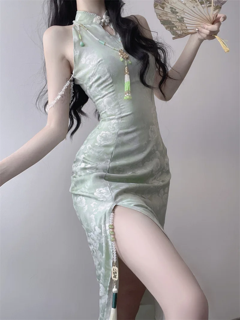 Women Summer Sleeveless Cheongsam Sexy Halter Vintage Dress New Chinese Style Costumes Slim Green Dresses S To XXL