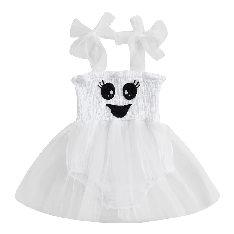 Baby Mädchen Halloween Stram pler Kleid Geist Stickerei Muster Krawatte Schulter gurt Tüll Skit Saum Overall