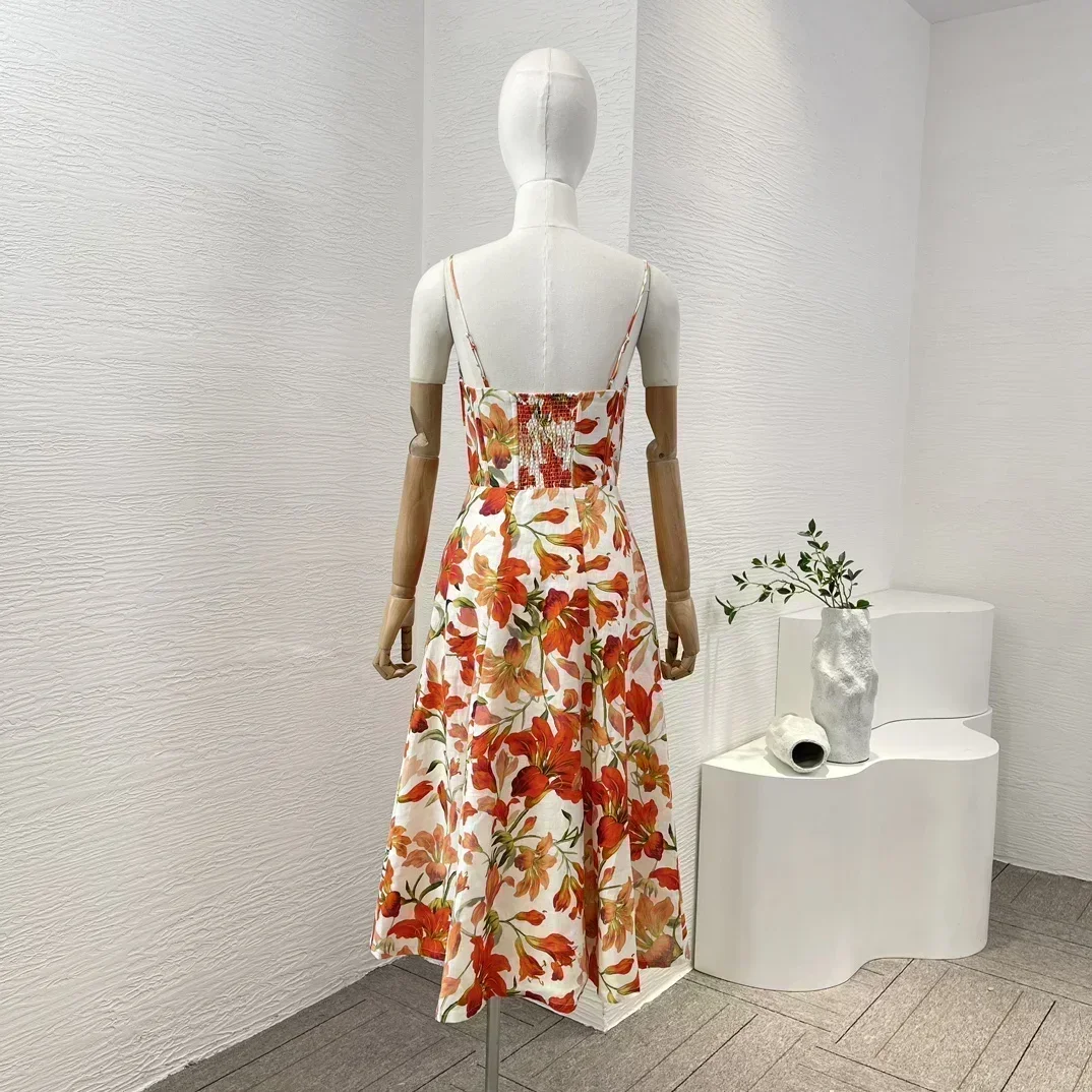 Robe mi-longue rouge à imprimé floral pour femme, robe mi-longue pour les vacances, haute qualité, rétro, fibrisole, fermeture éclair, taille froncée, été, 2024