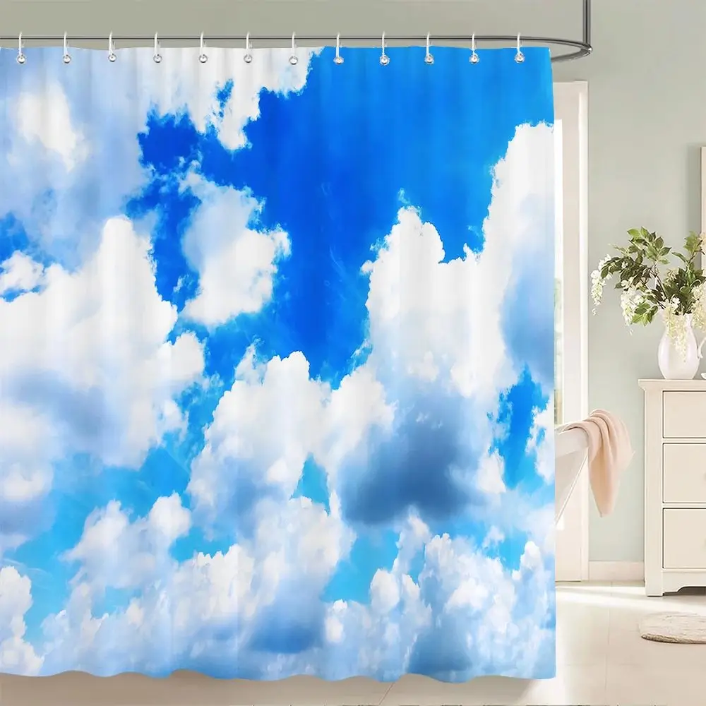 VIKAMA 3D-Duschvorhang mit blauem Himmel und weißen Wolken, wasserdichter Stoff, Badezimmerdekoration, inklusive Haken, moderner nordischer Stil