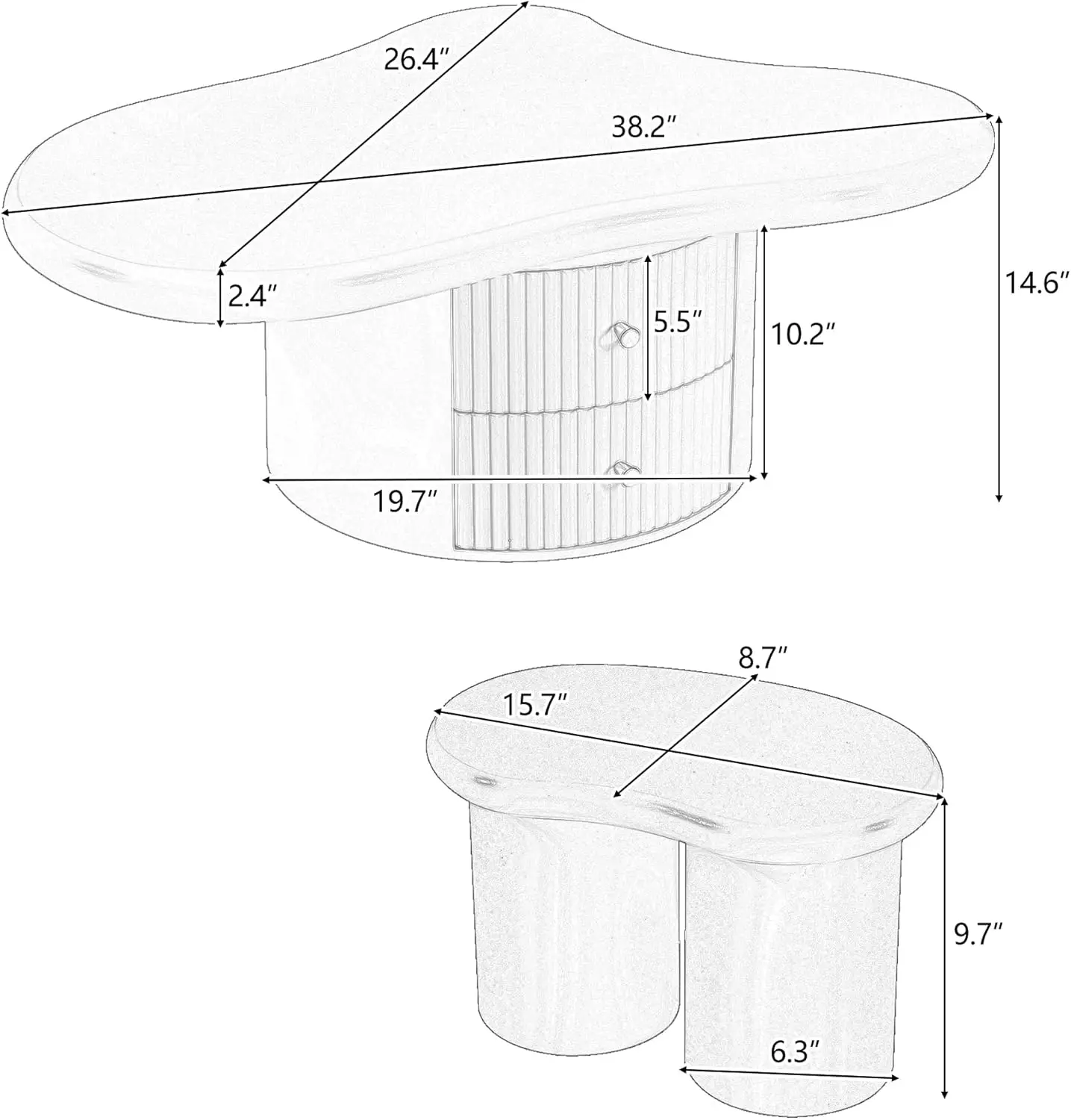 Coffee Table Set of 3, Irregular Shape Coffee Table with 2 Drawers, 2 Small Stools for Living Room, White