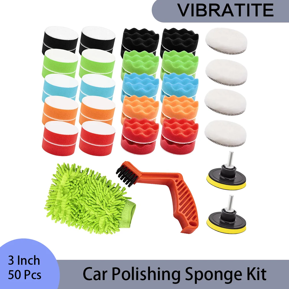 3 Inch Car Polishing Sponge Kit 50 Pcs with Buffing Pads Sponges Foam Pad Brush for Auto Car Paint Surface Mirrors Wheels