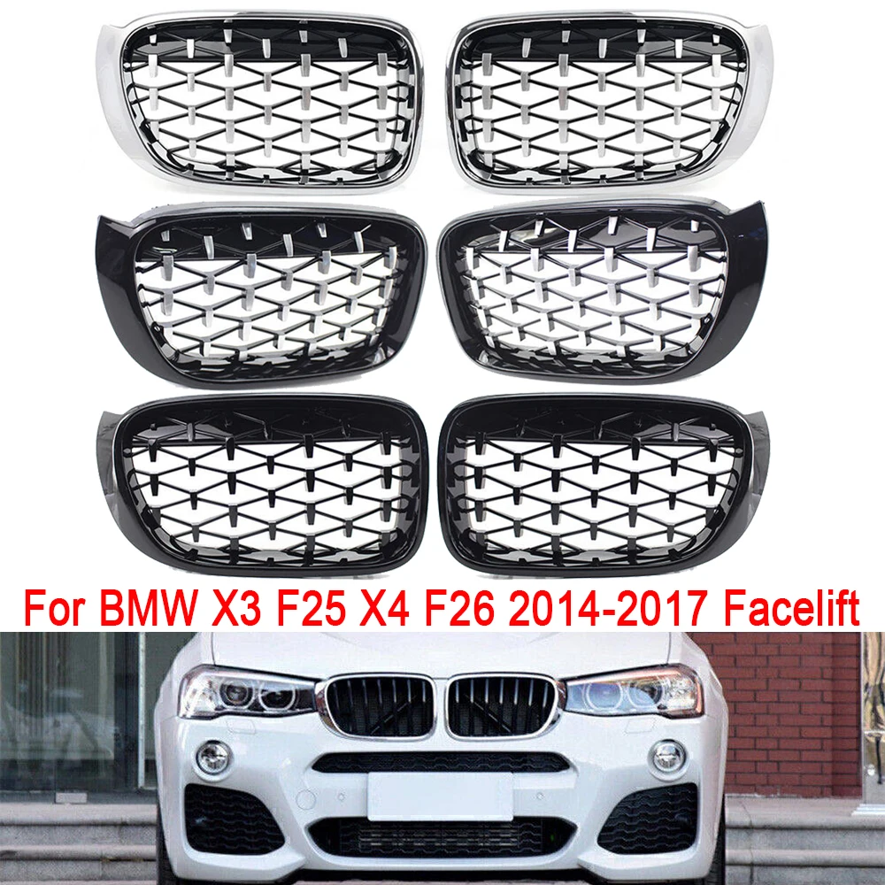 

Front Grill Grille Gloss Black Chrome For BMW X3 F25 X4 F26 2014-2017 Facelift 51117338571 51117338572 5113736422 5113736421