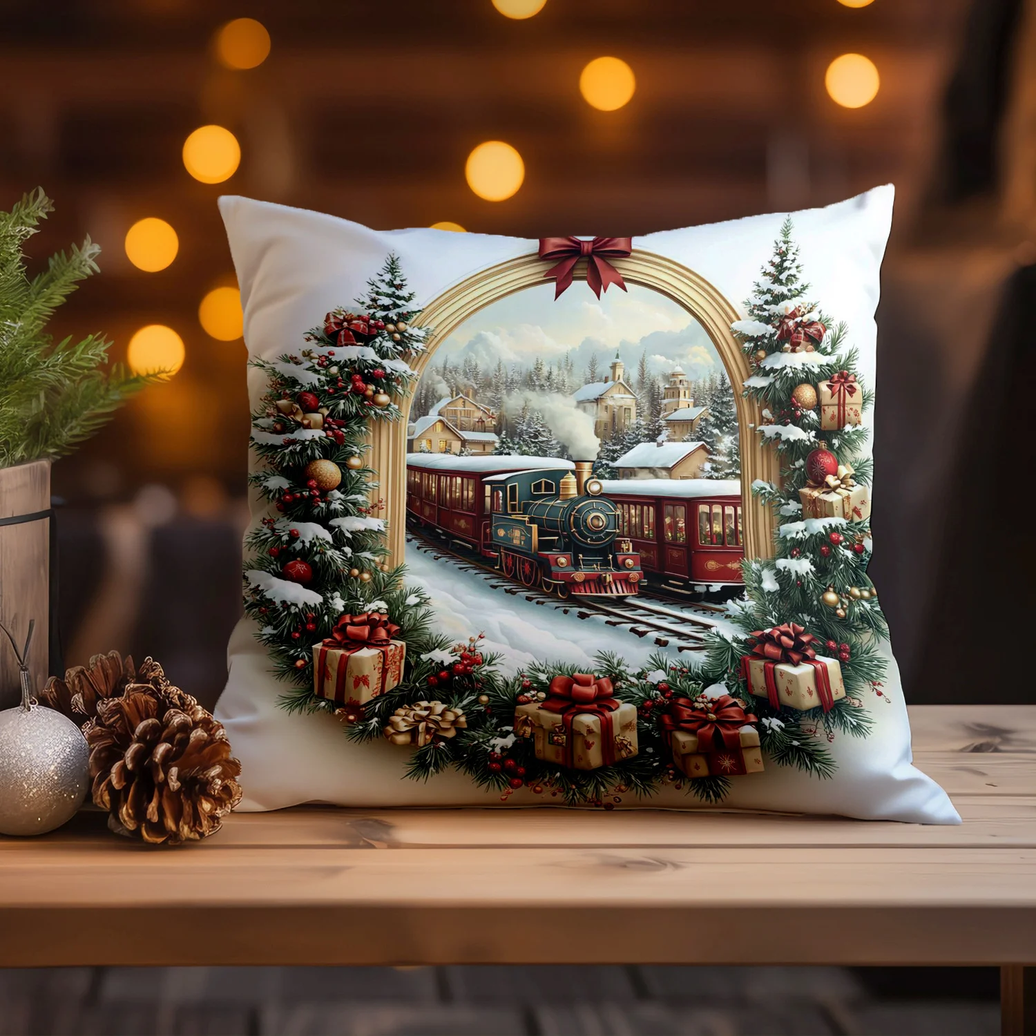1pc Christmas Vintage Train Double‑Sided Print Pillow Cover, Cushion Case for Sofa Bedroom, Insert Not Included, Xmas Decor