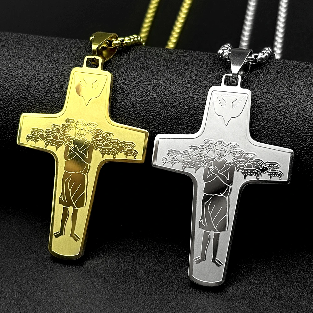 Christ Jesus Good Shepherd Cross Pendant Necklace for Women Men Stainless Steel Gold Color Holy Spirit Dove Chain Faith Jewelry