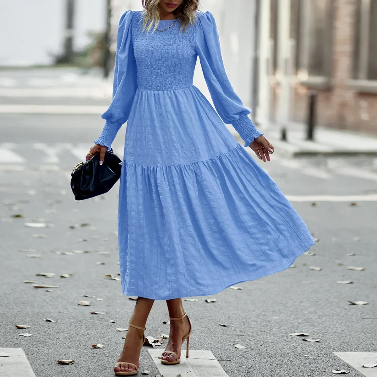 女性の春秋ミディドレス長袖花柄ブラウスエレガントな結婚式のゲストロング流れるドレスレディースサマーカジュアルドレス