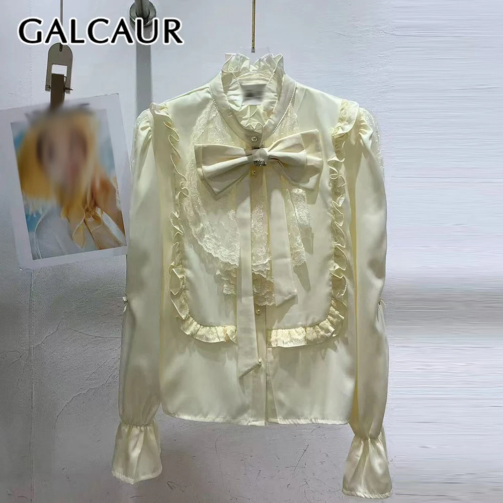 GALCAUR الصلبة تقسم الفطريات شيك قميص الإناث الوقوف طوق كم طويل فضفاض أنيق فاخر المرأة قمصان الخريف الاسلوب المناسب