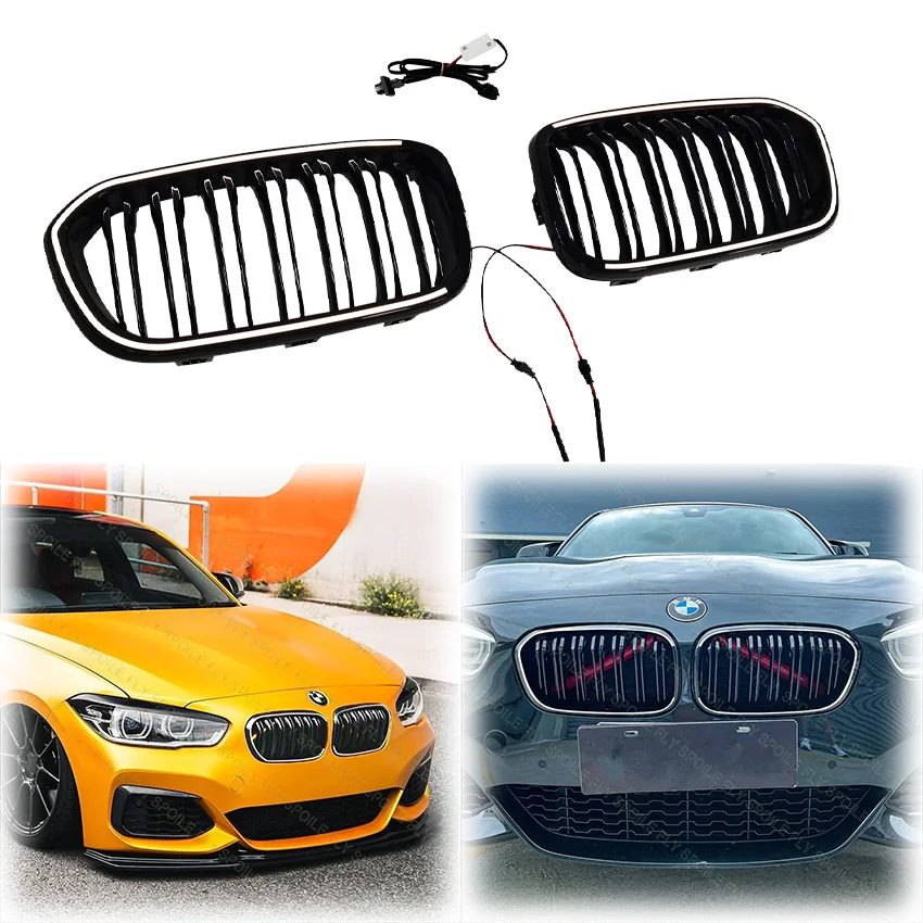 

Double Line Front Bumper LED Light Lamp Racing Grills Grille Grid For BMW 1 Series F20 F21 2015 2016 2017 2018 2019 Gloss Black