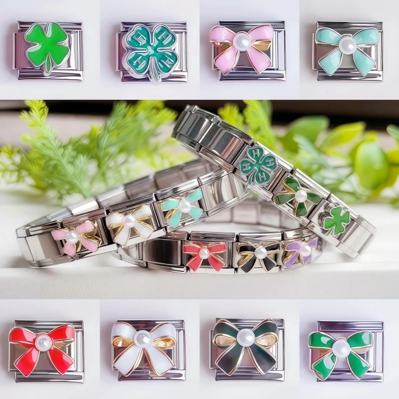 

New Bowknot Clover Italian Charm Links Fit 9mm Modular Bracelet Stainless Steel Bracelet Women Jewelry DIY Making Wholesale
