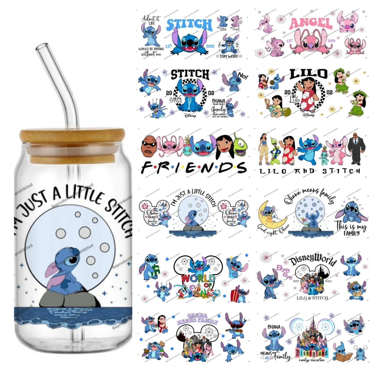 Miniso غرزة الكرتون تصميم عالية الجودة 16 أوقية كوب زجاجي التفاف الأشعة فوق البنفسجية DTF نقل ملصق الشارات شعبية ديكور حديقة المنزل #1