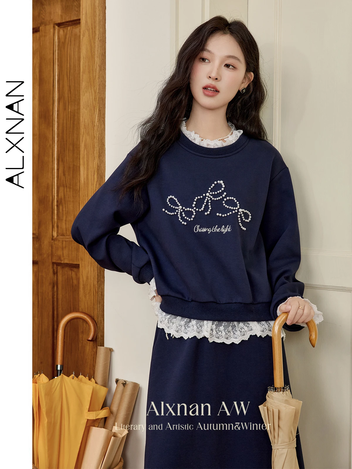 ALXNAN Dames Kant Patchwork Sweatshirts Zoete O-hals Drop Mouw Parel Strik 2024 Herfst Winter Truien Apart Verkocht L50835