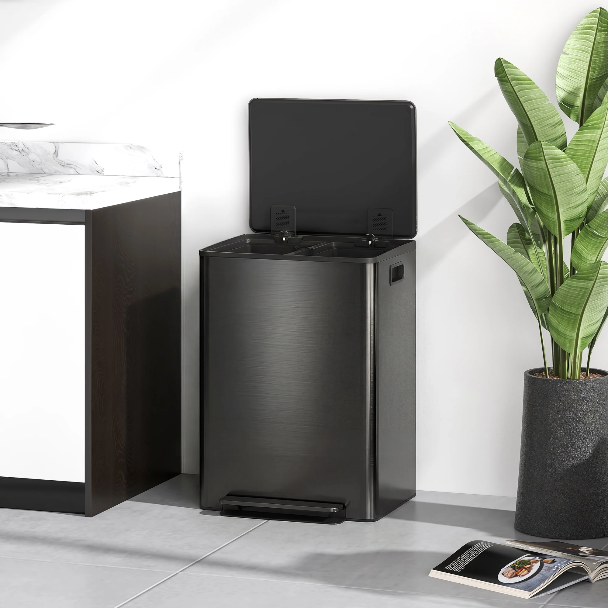 Contenedor de Cocina de 60L con Doble Compartimento de 30L, Antiolores, Acero Inoxidable Antihuellas, Tapa de Cierre Suave, Operación con Pedal y Extraíble