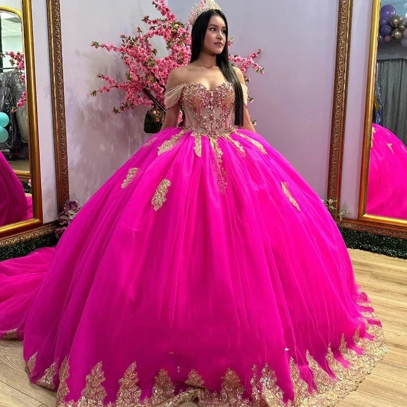 ANGELSBRIDEP Princess Ball Gowns Rose Red Quinceanera Dresses For 16 Girl Gold Appliques Beading Birthday Prom Dress Customized