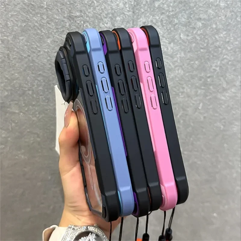 Armor Candy Color Clash For Magsafe Phone Case For iPhone 11 12 13 14 15 16 Pro Max Plus Stand With Wrist Strap Phone Back Cover