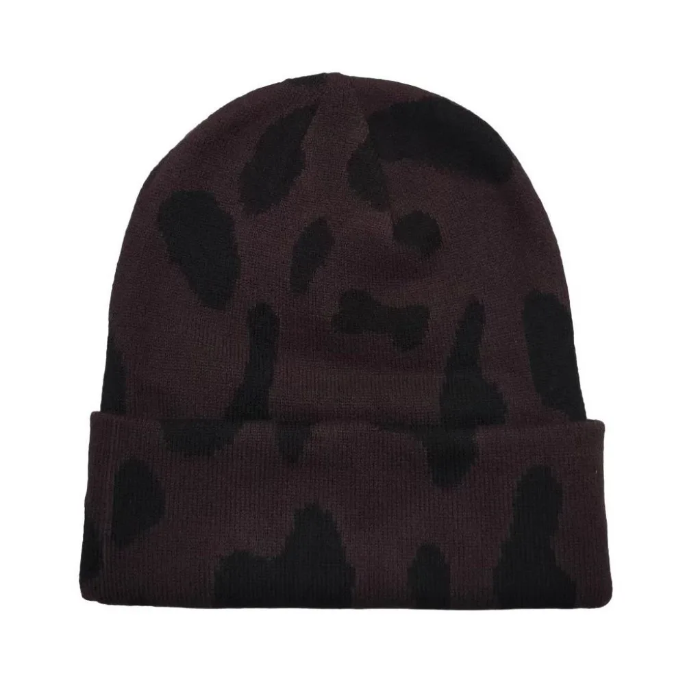 Fashion Thickened Cow Pattern Knitted Hat Ear Protection Keep Warm Pullover Hat Elastic Windproof Winter Beanie Hat Autumn