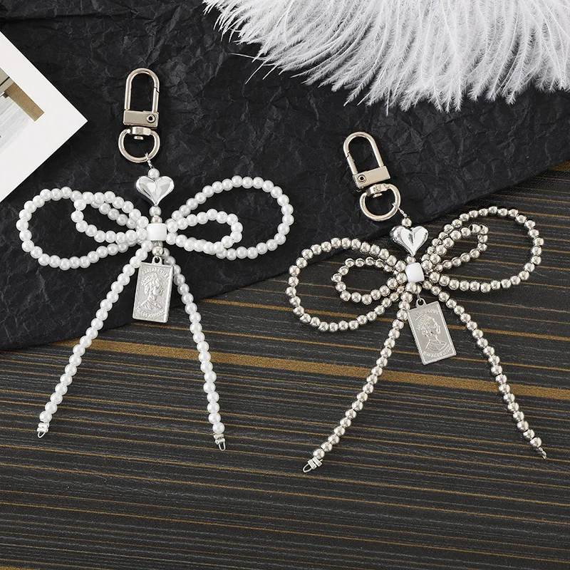 Double layered Pearl Ribbon Bow Phone Chain Laser Star Charm For iPhone Samsung Short Lanyard Strap Accessories Key Bags Decor