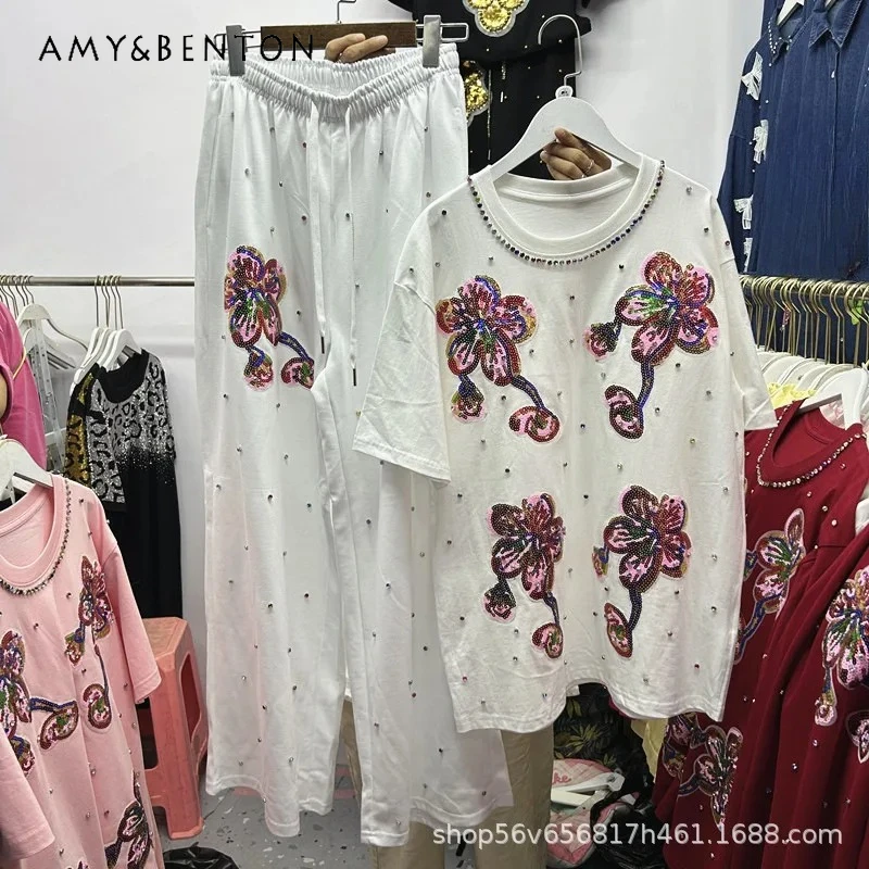

Popular Design Sequin Flower Outfits Loose Short Sleeved Top T-shirts Elastic Waist Wide Leg Long Pants Two-Piece Set For Ladies
