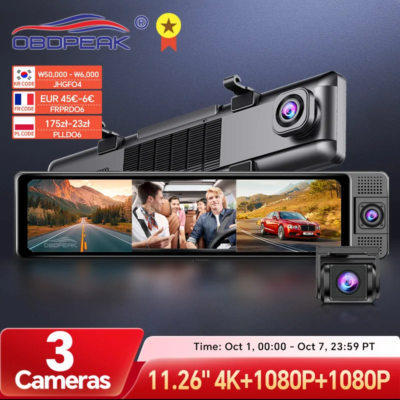 H330 Dash Cam 3 Channel Rearview Mirror Front Inside Rear 4K+1080P+1080P WiFi GPS Dual Lens Car Dvr Camera Infrared Night Vision