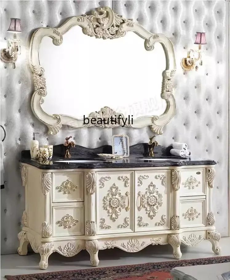 

European-Style Bathroom Cabinet Washbasin Antique Marble Table Solid Wood Floor Mirror Cabinet Combination