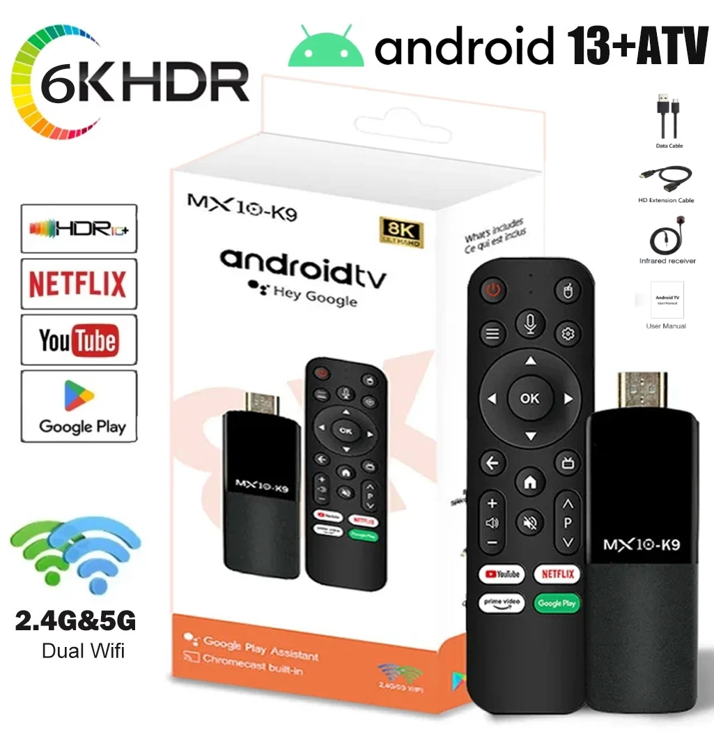 Mini Mx10 K9 Tv Stick Android13 Atv 6K Hdr 2G+16G 2.4G/5G Dual Wifi Smart Tv Set Top Box for Google Youtube Netflix Media Player