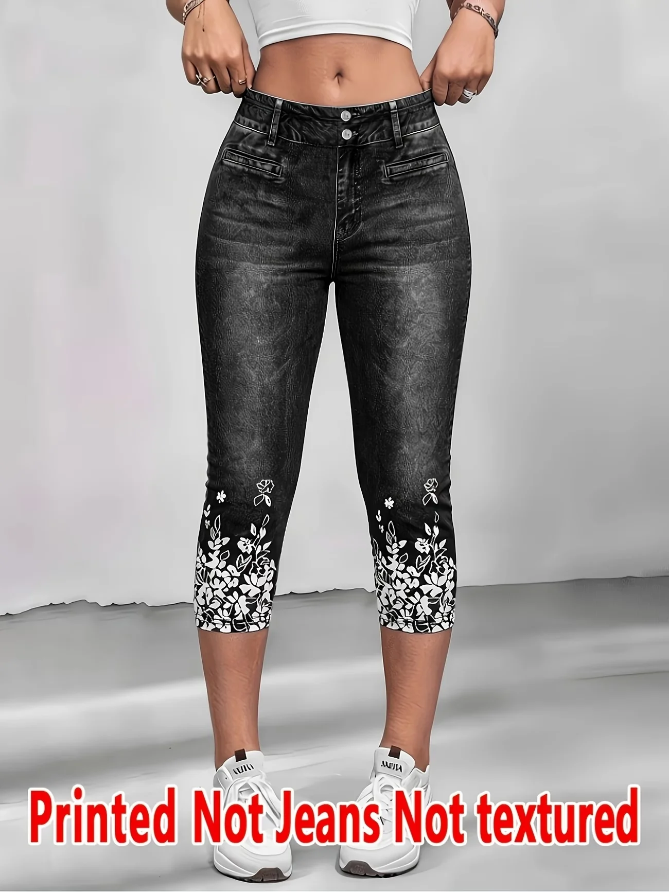 Printed 7‑Capri Leggings, Non‑Denim Fabric, Full‑Print Faux‑Jeans Look, Fake Pocket & Button Print, High‑Stretch Slim‑Fit Pants,