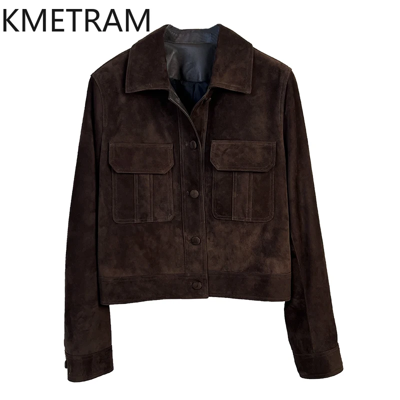 سترة من جلد الغنم بطبقة علوية لعام 100% للسيدات على طراز المال القديم سترات من الجلد الطبيعي البني ملابس الخريف 2025 للنساء vosбlaneка femenska