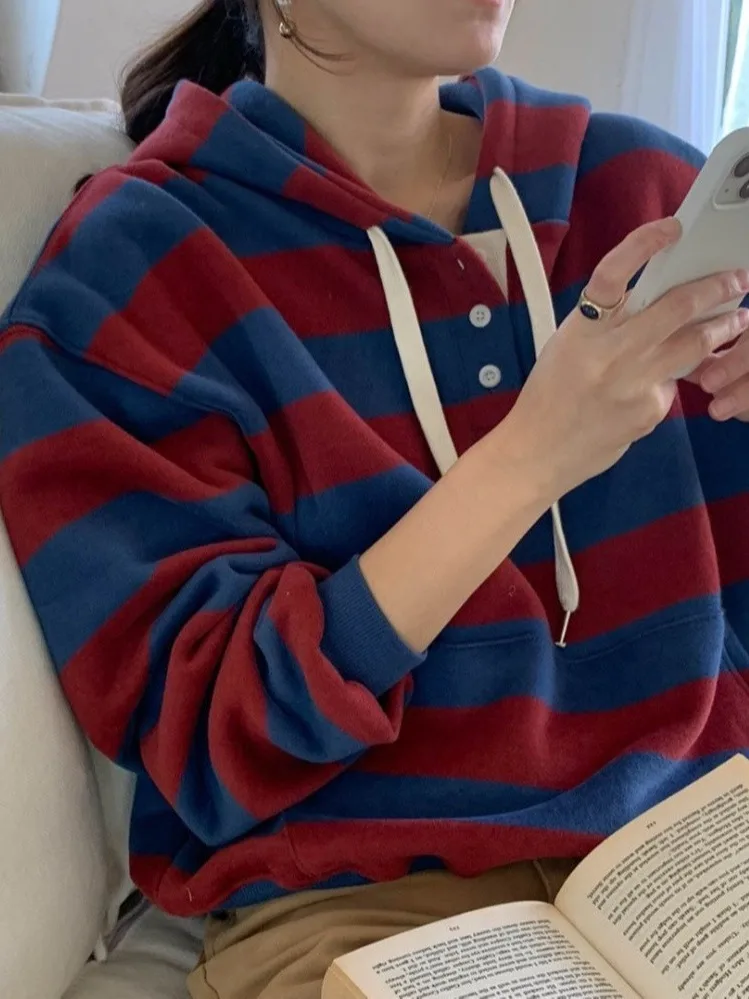 Damska bluza z kapturem w retro paski, hit sezonu, luksusowa, swobodna, modna bluza, szykowna, bez marki...