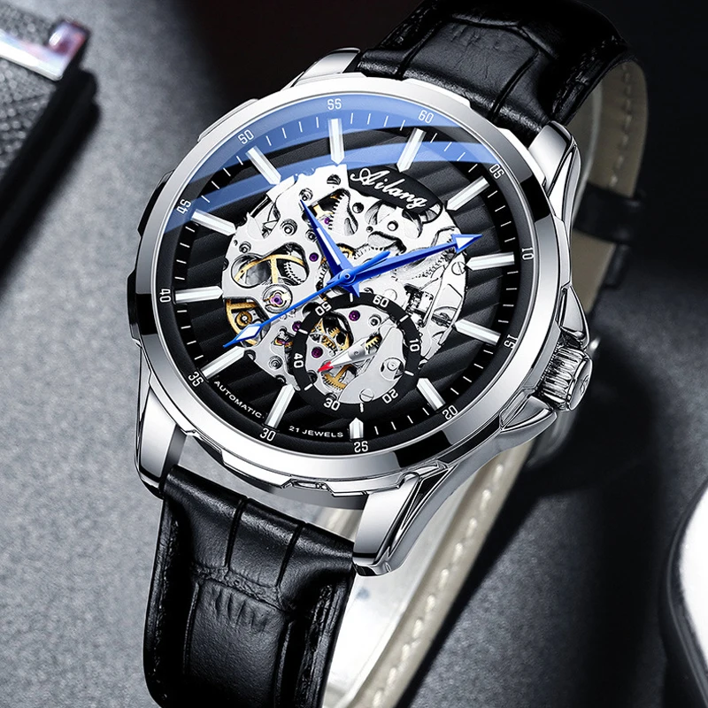 AILANG Luxury Brand Man Skeleton Automatic Mechanical Watch Leather Strap Casual Sport Men Watches Blue Needle Reloj Hombre