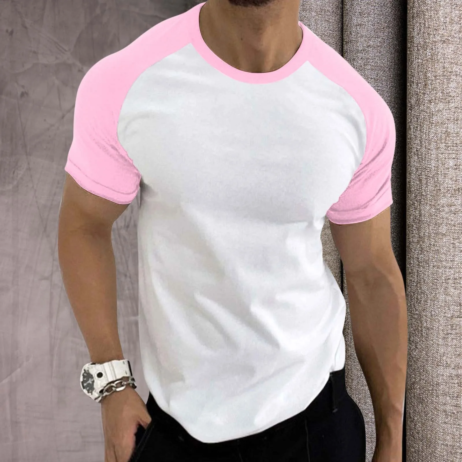 Men's Spring And Summer Leisure Sports Tops Color Blocking Raglan Sleeve Cover Round Neck Loose Casaual T-shirt Blouses