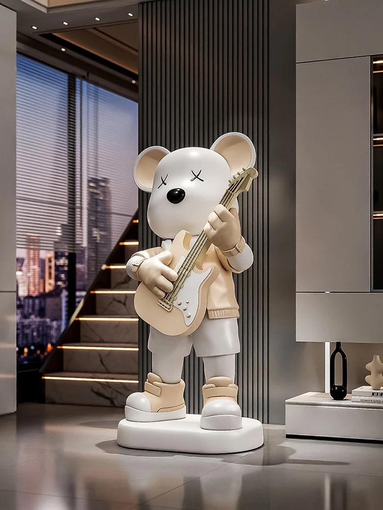 Guitar Love Bear Statue Piggy Bank Floor Home Decor Living Room Animal Sculpture Art Ornaments Housewarming Gift Resin Figurines
