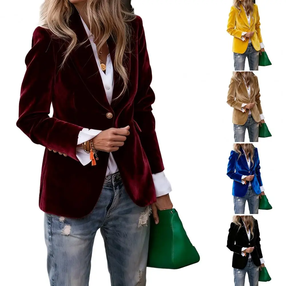سترة مخملية أنيقة للنساء بزر واحد وطية صدر السترة سترة نسائية بقصة ضيقة ملابس خارجية للمكتب معطف ربيع الخريف للنساء #5