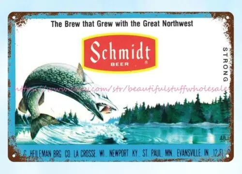 metal sign 1970s Schmidt Beer fishing Outdoors Scene Brewing metal tin sign