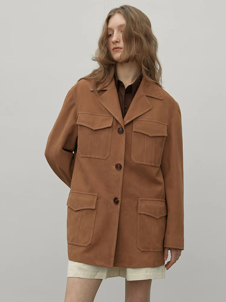Vintage Classic Genuine Leather Blazer Jackets for Women Spring Autumn High-end Simple Single Breasted Real Sheepskin Suede Coat