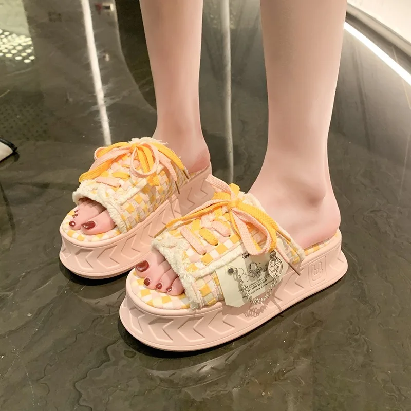 6CM Kawaii Summer Women Weave Slippers Platform Shoes Fashion Mules Flip Flops Candy Color Sandals Flat Casual Shoe For Female