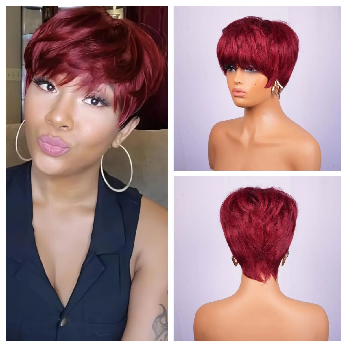 بورجوندي قصير عابث قطع شعر مستعار مع الانفجارات شعر الإنسان بوب النبيذ الأحمر مستقيم الشعر قبل قطعها آلة صنع الباروكات للنساء السود