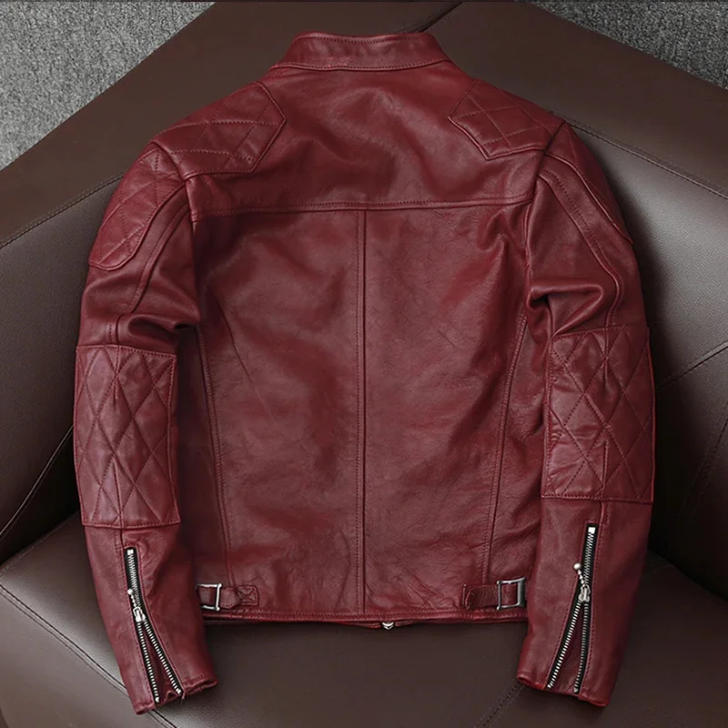 shipping.Genuine Free Leather jacket.biker slim tanned sheepskin coat.mens Vintage quality red brown leather clothing.fashion.