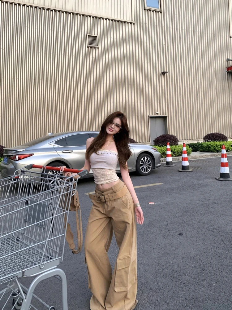 

Design sense lace patchwork strapless vest women's summer low waist slimming commute khaki jeans sexy two-piece set