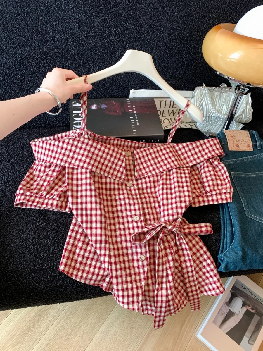

Retro Korean Style Plaid Short Sleeve Shirt Women's Summer 2026 Waist Cinched Tie Dye Loose Top Cotton Gingham Shirt