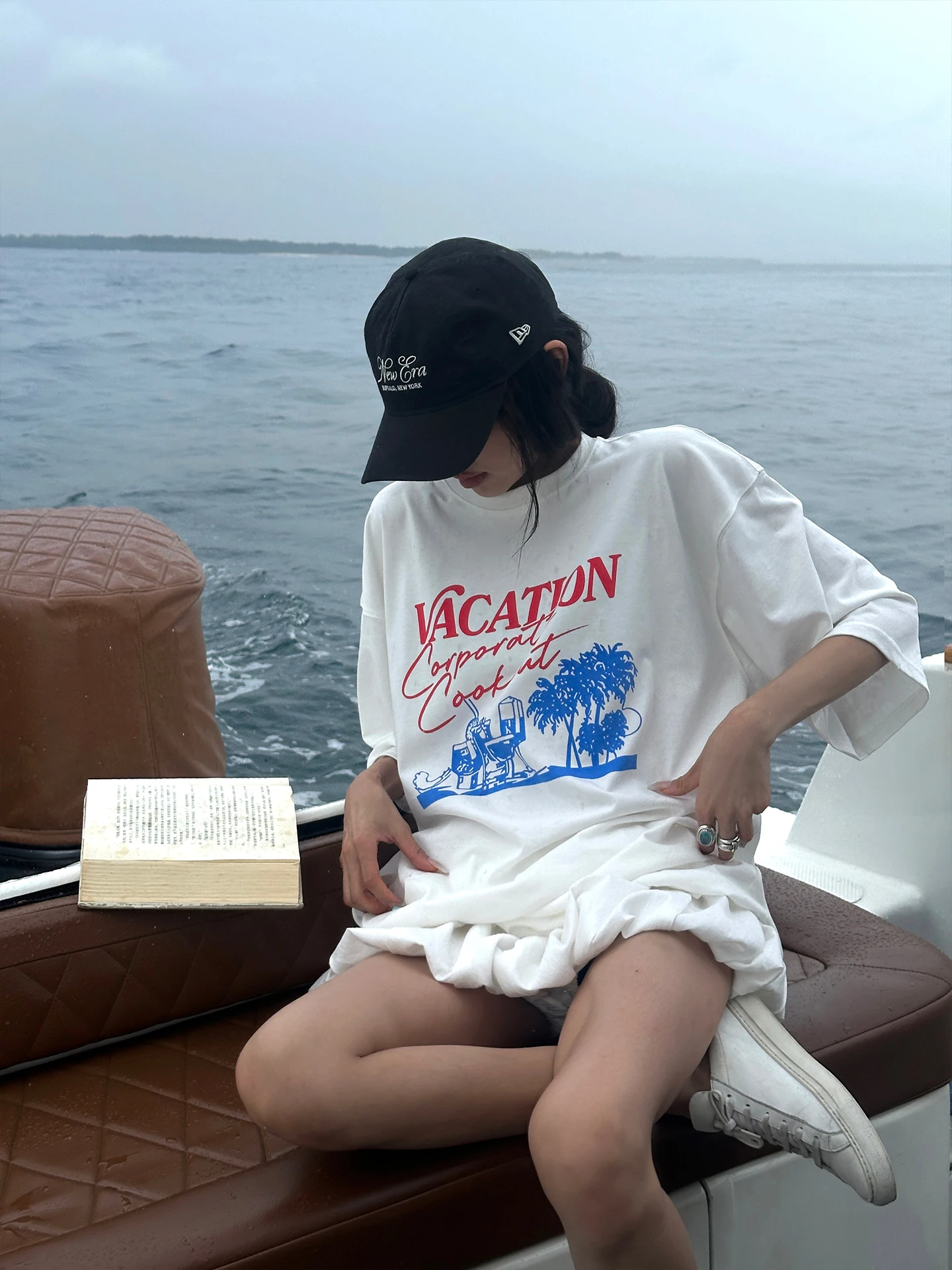 Loose Short Sleeve round Neck T-Shirt Women Summer Casual Cotton Printed Top Sweet Korean Style Warden Holiday White
