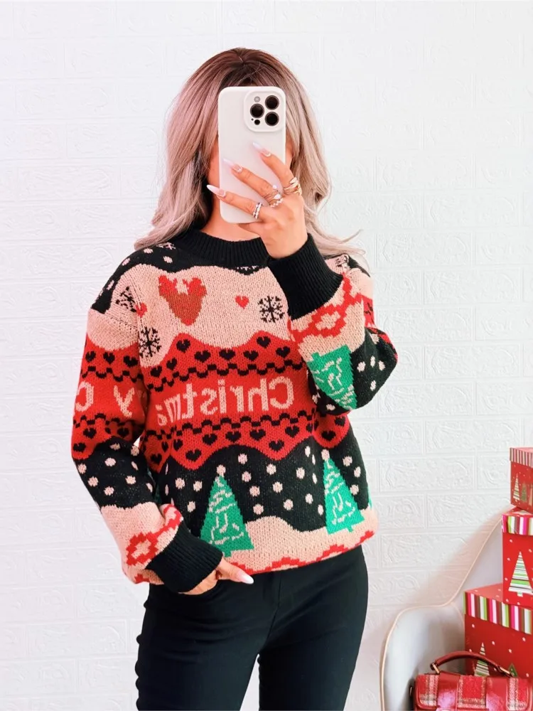 

Autumn And Winter Christmas New Color Contrast Loose Sweater Women's Fashion Round Neck Casual Long-sleeved Pullover Sweater Top