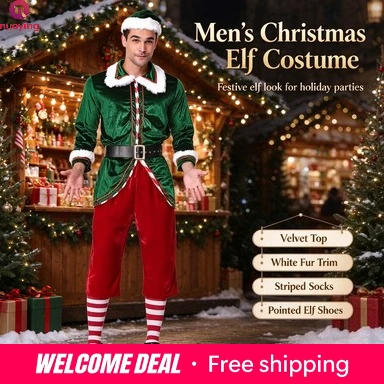 Costume de lutin de Noël pour hommes, ensemble classique vert et rouge d'elfe de Père Noël avec chapeau, ceinture, chaussettes rayées et chaussures d'elfe, idéal pour les fêtes de Noël.